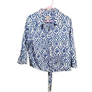 Chico's Top 3 Blue Ikat Wrinkle Resistant Shirt Cotton XL 16 Tie Front Beach